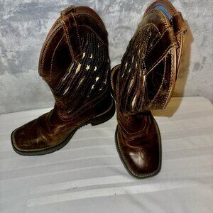 Shyanne Xero Gravity Lite Flag Brown Leather Square Toe Western Boots Women 7.5